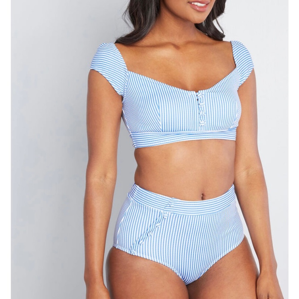 Modcloth Blue Seersucker Sissone High Waist Bikini